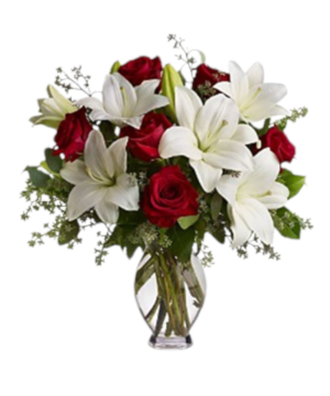 Bouquet di 7 Roselline rosse e lilium bianchi