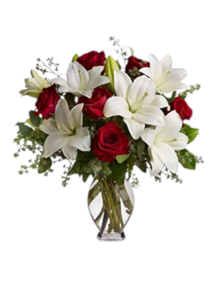 Bouquet di 7 Roselline rosse e lilium bianchi