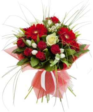 Bouquet di Rose bianche e rosse , tulipani bianchi e gerbere rosse