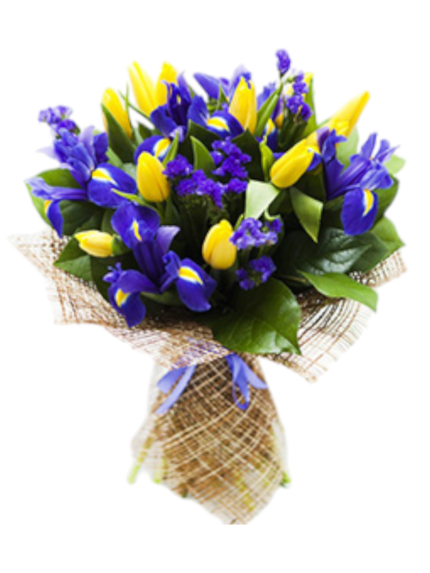 Bouquet di iris blue e tulipani gialli