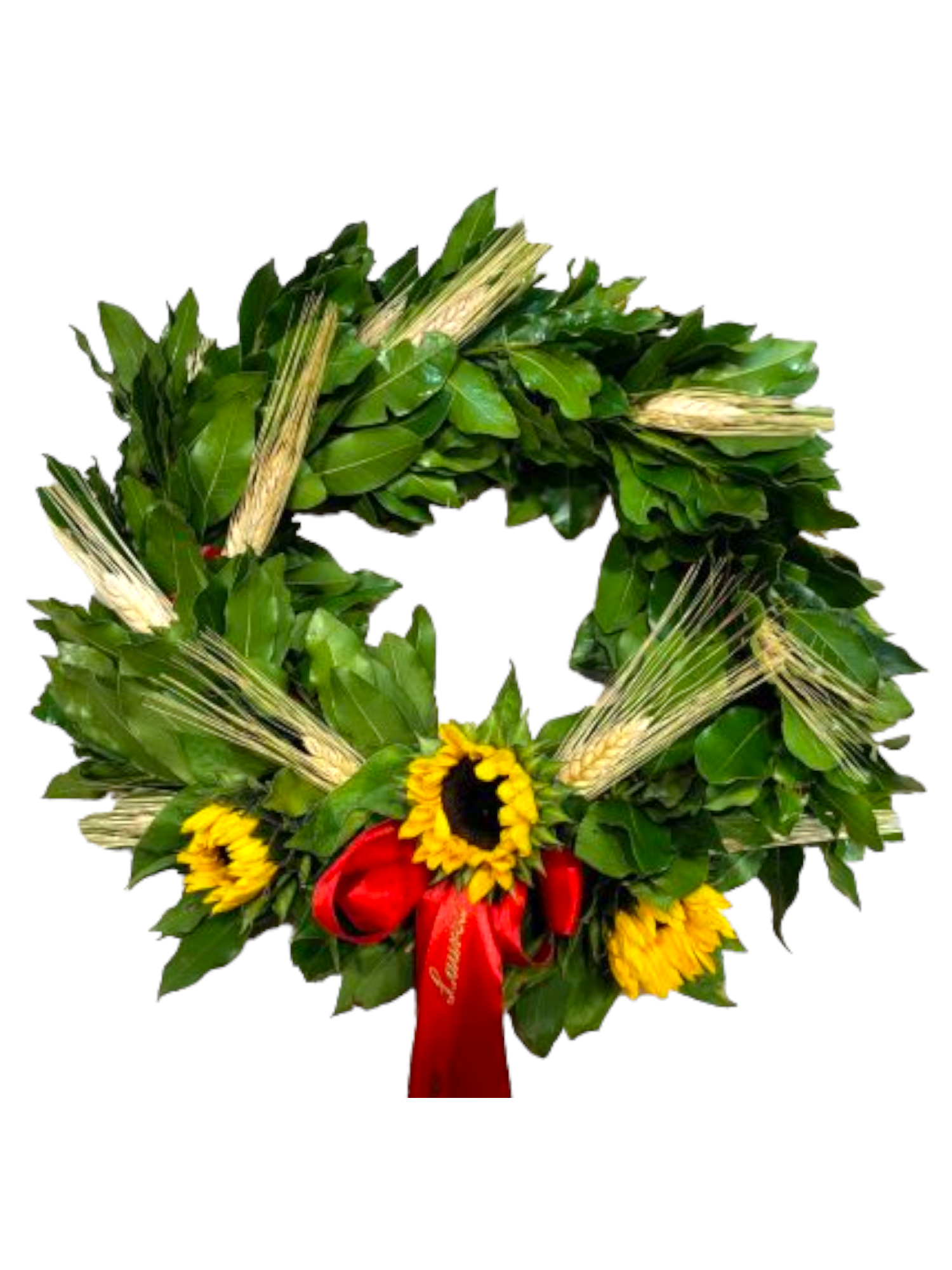 Featured image for “Coroncina per laurea con 3 girasoli e spighe di grano”