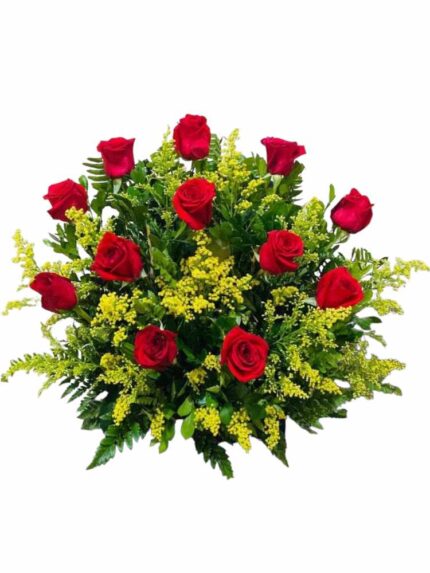 Centro tavola rose rosse e solidago