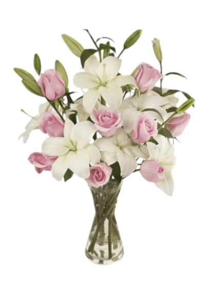 Bouquet di rose rosa e lilium bianchi