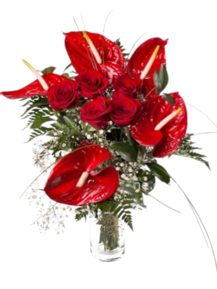 Bouquet di anthurium e rose rosse