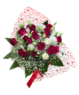 Bouquet di rose rosse ed elisiantus