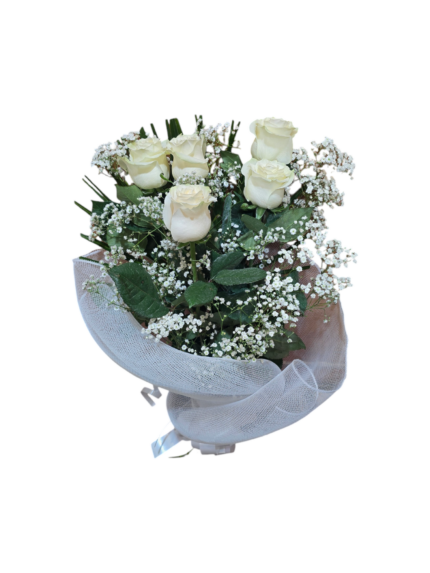 Bouquet di 5 Rose bianche a gambo lungo