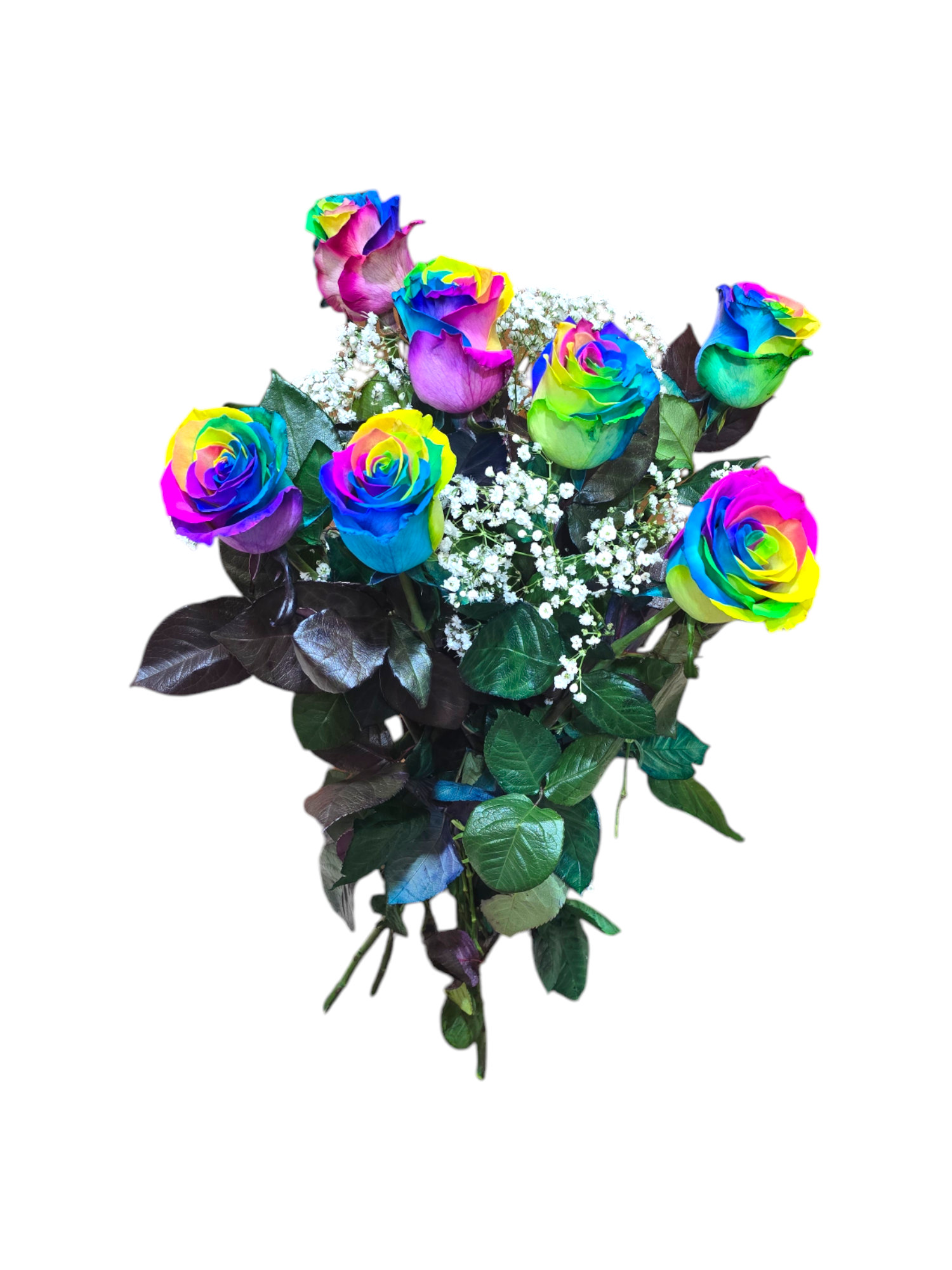 Featured image for “Bouquet di 7 Rose rainbow a gambo lungo”