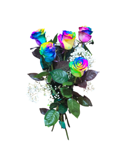 Bouquet di 5 Rose rainbow a gambo lungo