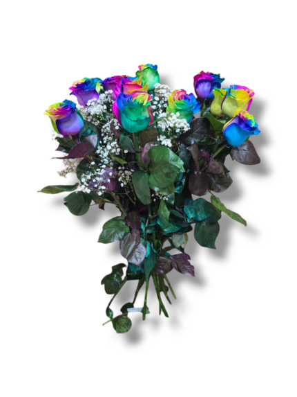 Bouquet di 12 Rose rainbow a gambo lungo