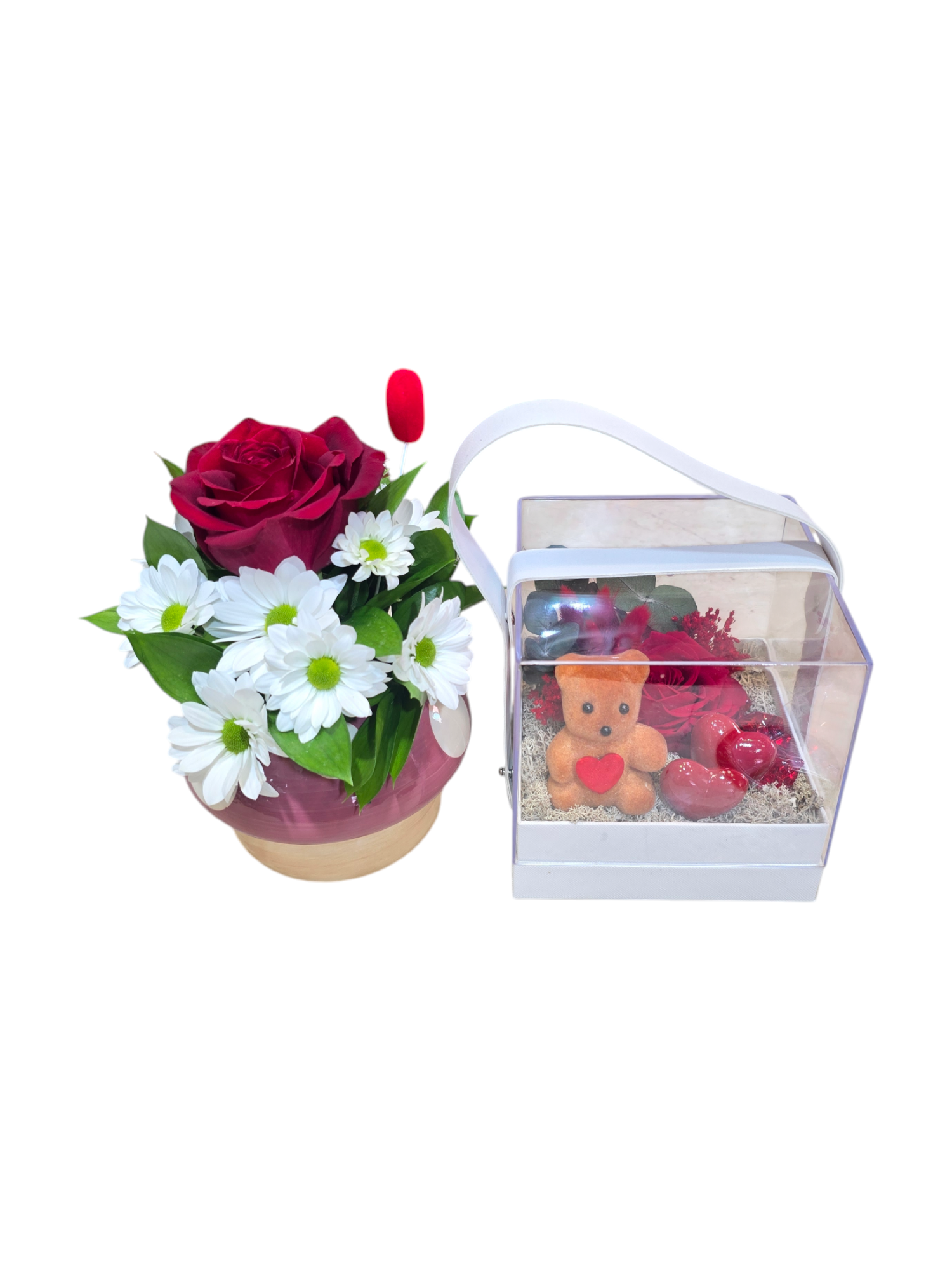 Featured image for “fungo fiorito con borsa rosa stabilizzata e orsetto”