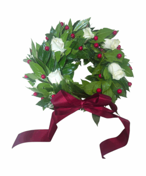 Coroncina laurea con rose bianche e bacche artificiali