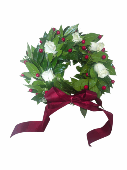 Coroncina laurea con rose bianche e bacche artificiali