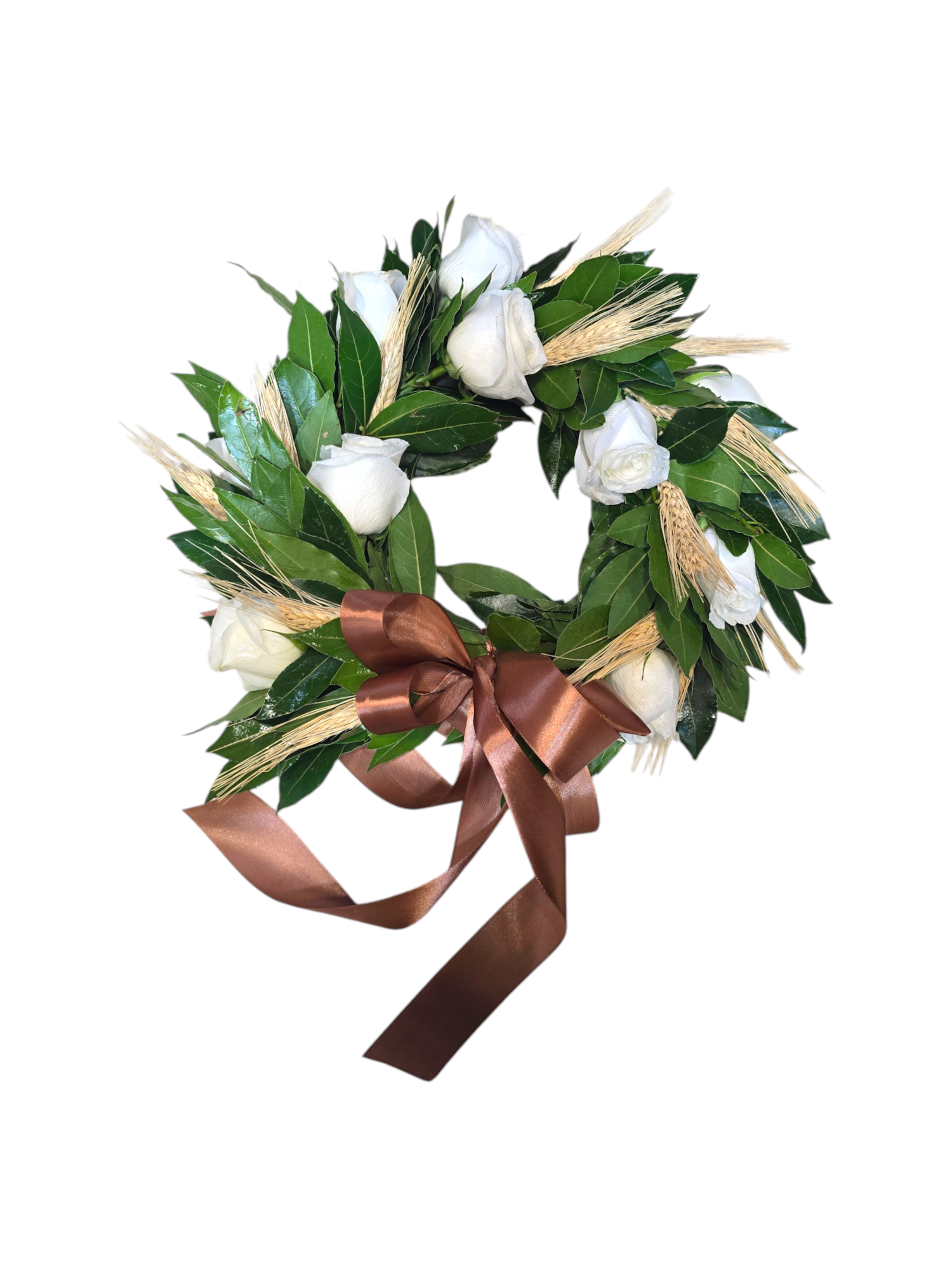 Featured image for “Coroncina di rose bianche e spighe di grano”