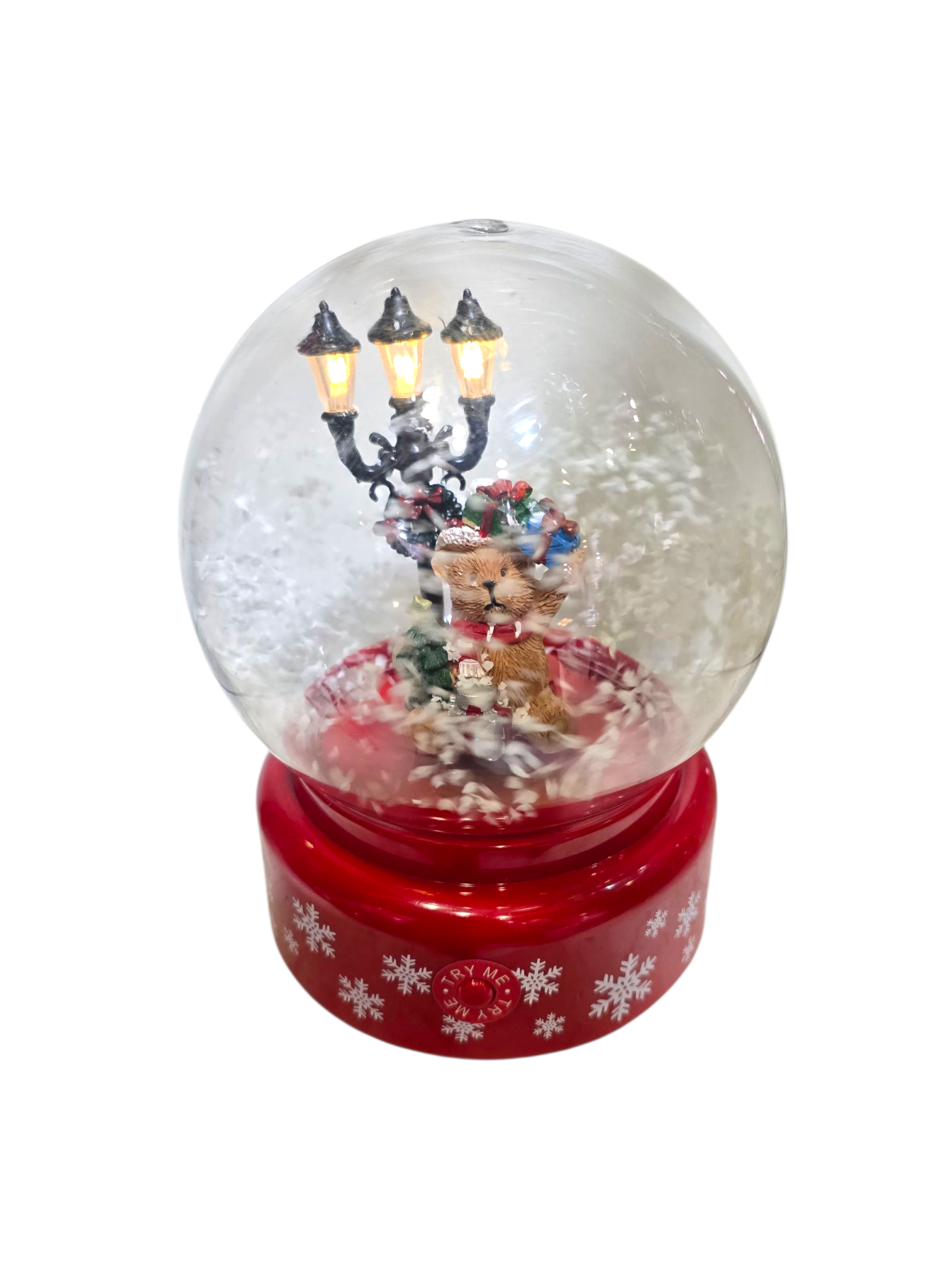 Featured image for “Palla di Neve Natalizia con Orsetto e Lampione – Neve Soffice, Luce LED e Carillon”