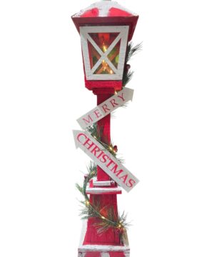 lampione-merry-christmas-luci: Lampione natalizio rosso e bianco con scritta Merry Christmas e luce LED calda accesa