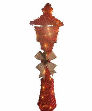 Lampione natalizio luminoso con luci LED bianco caldo e tinsel rosso, altezza 70 cm