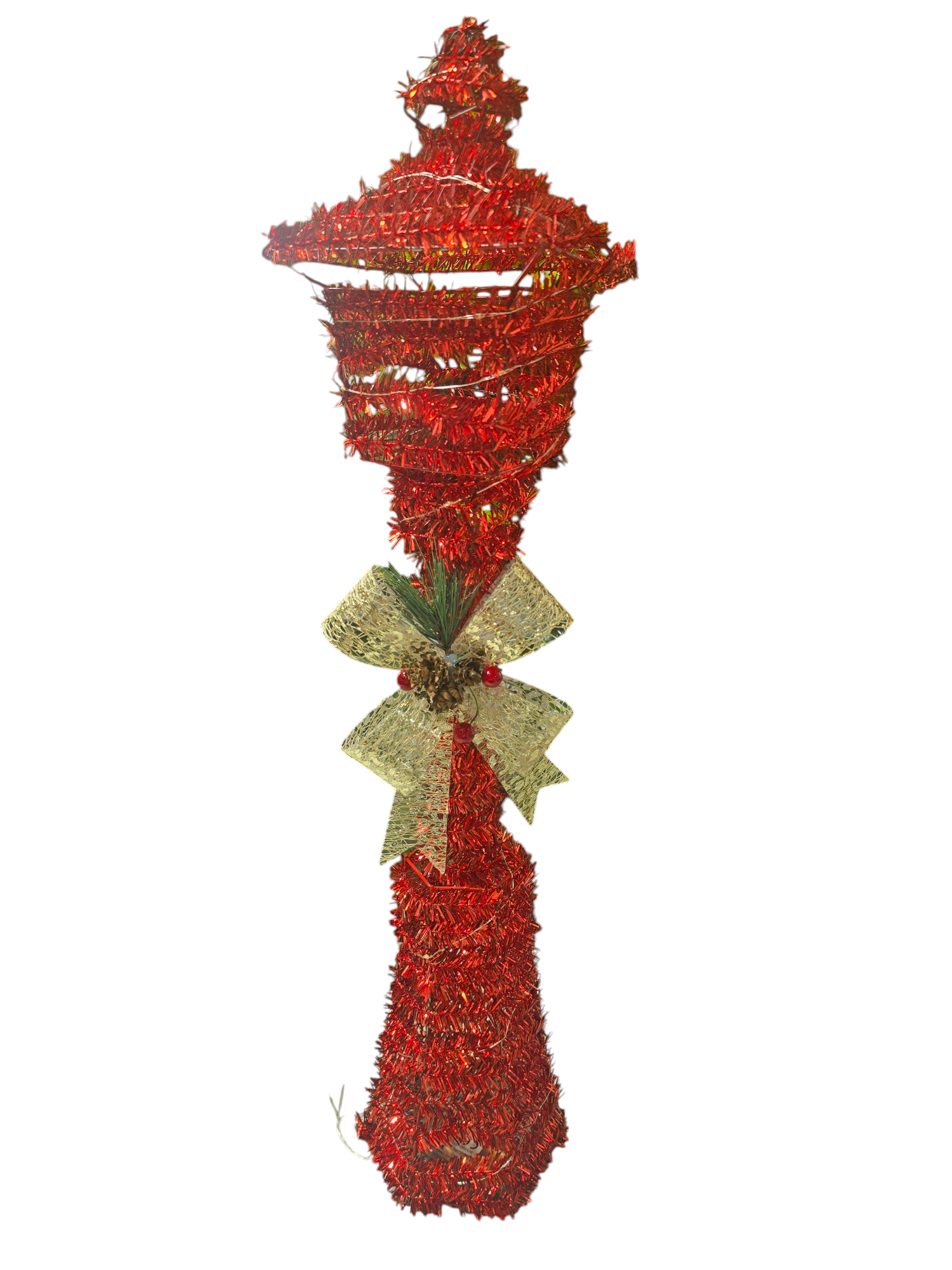 Lampione natalizio in tinsel rosso con fiocco oro decorativo, altezza 70 cm