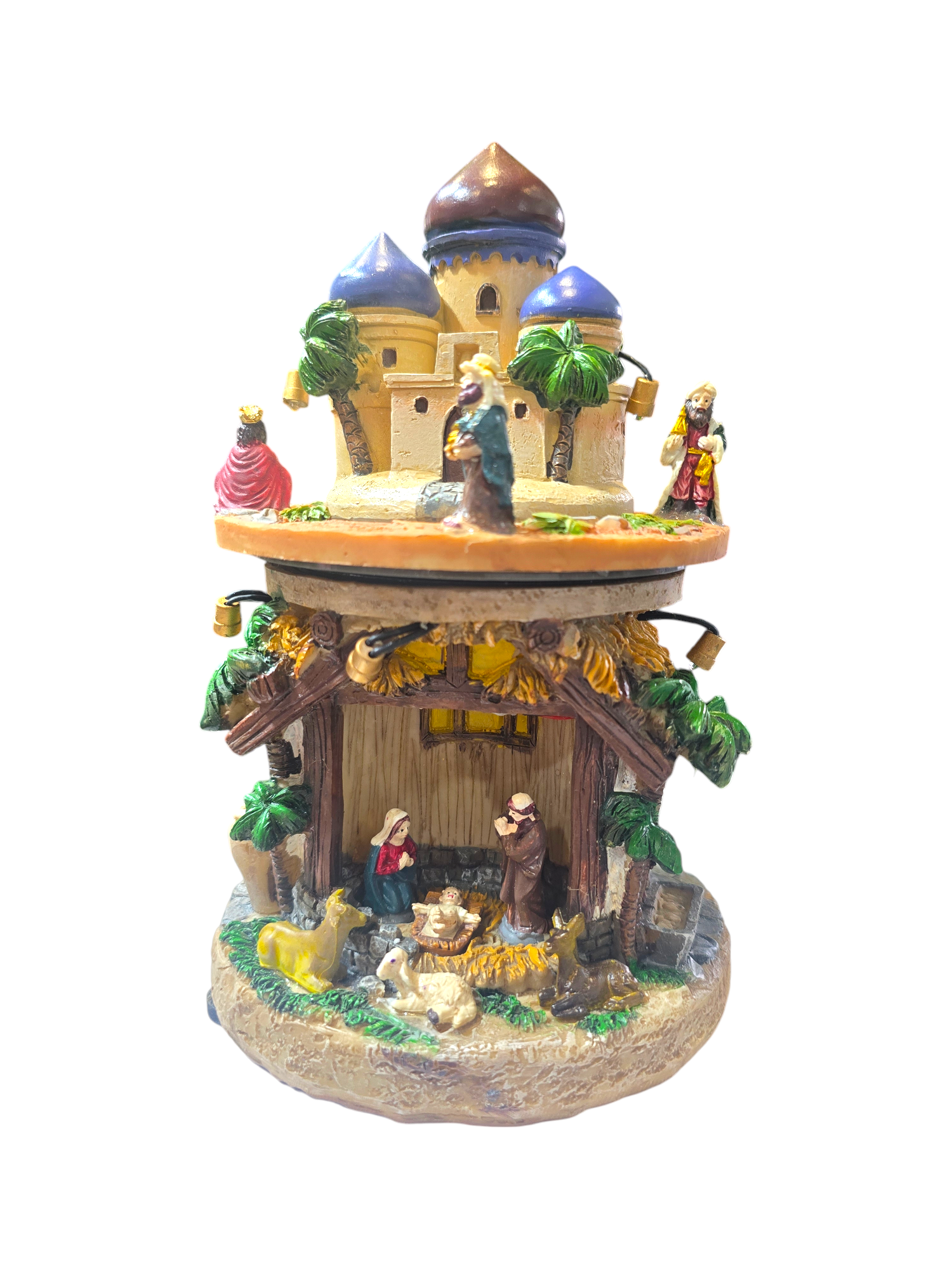 Scena della Natività con luci calde e figure in resina dipinta a mano