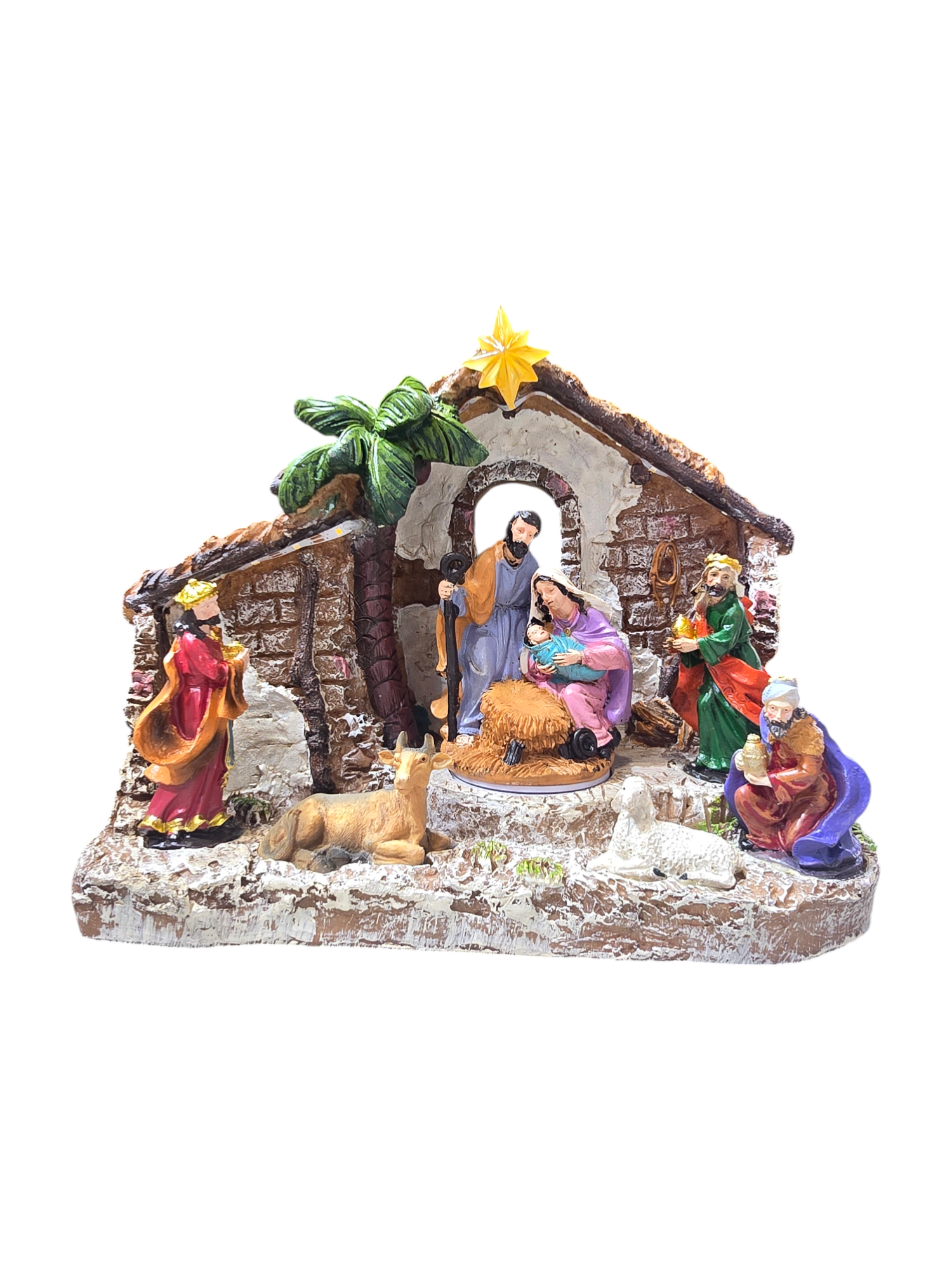 Scena della Natività in resina con Re Magi e animali su base innevata