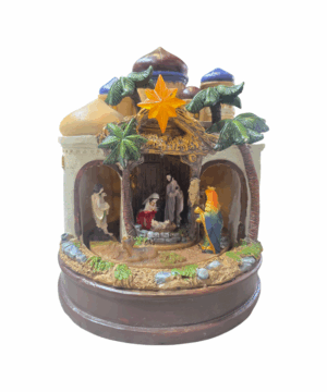 Presepe natalizio con Re Magi, Natività e cupole colorate in resina