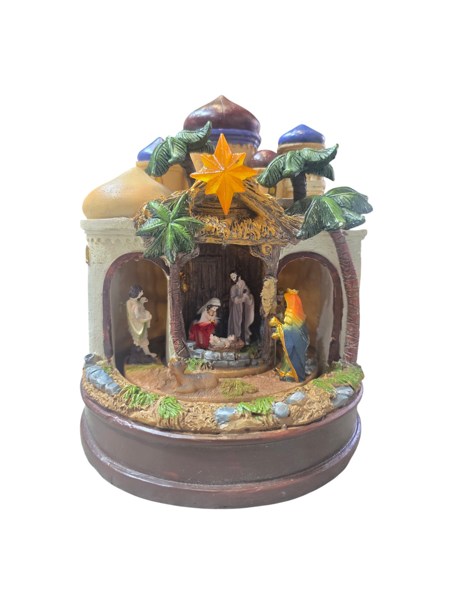Featured image for “Presepe Luminoso e Musicale con Movimento – Natività in Resina H21 cm”