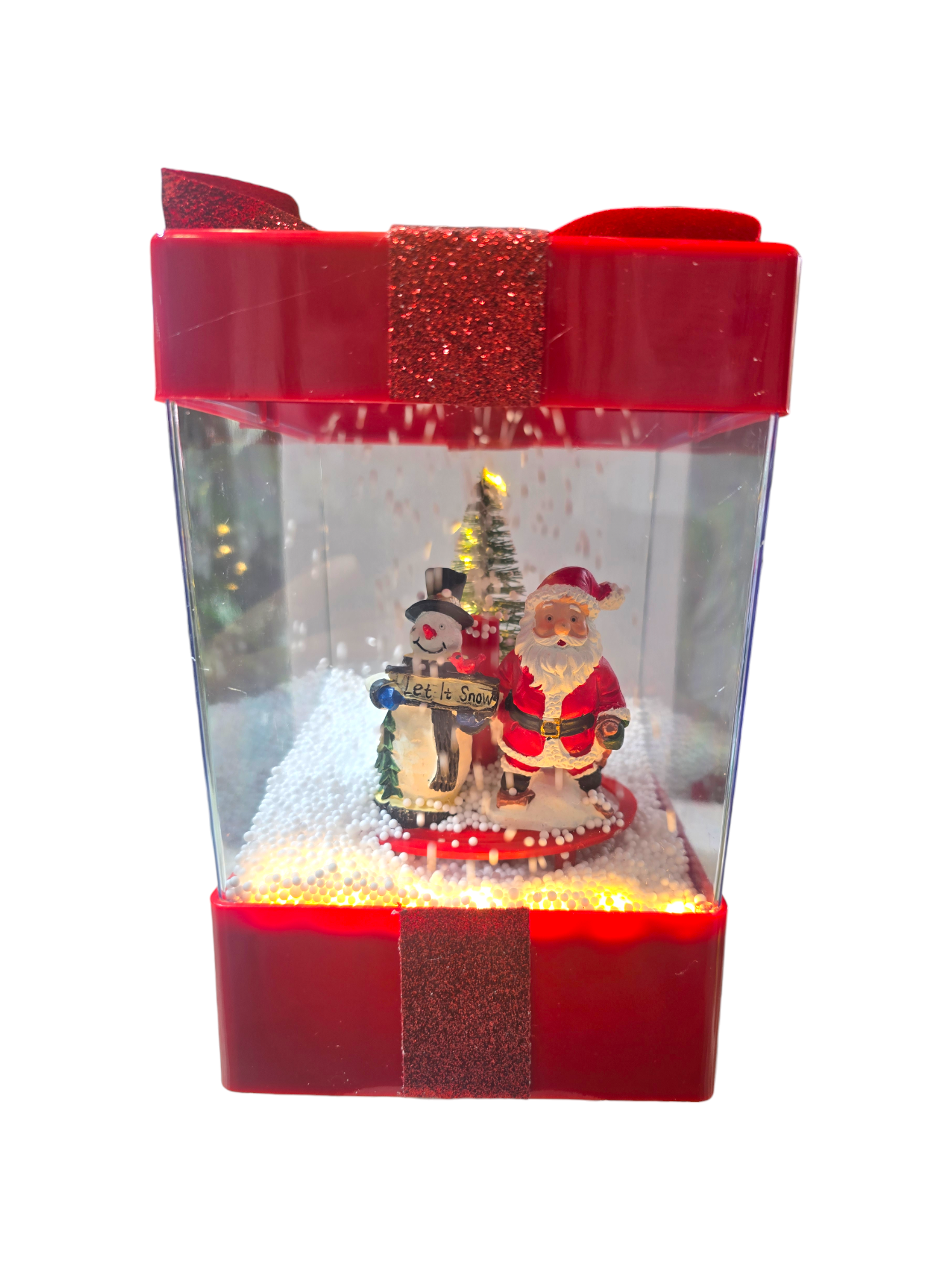 Scatola regalo animata con Babbo Natale, Pupazzo di Neve e luci LED accese
