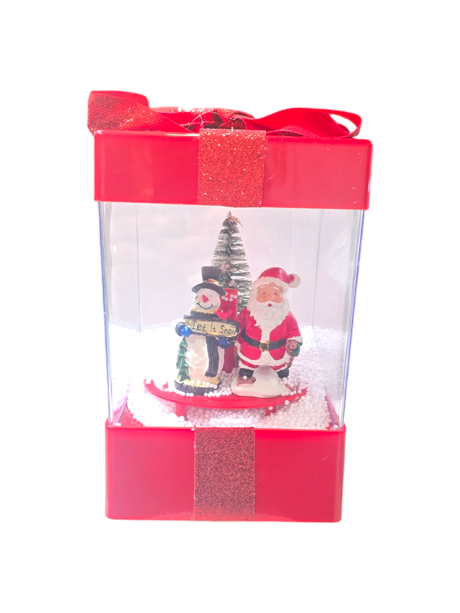 Decorazione natalizia a forma di pacco regalo rosso con scena “Let It Snow” interna